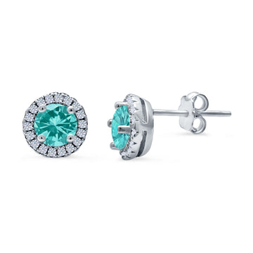 Wedding Stud Earrings Simulated Paraiba Tourmaline CZ Round 925 Sterling Silver